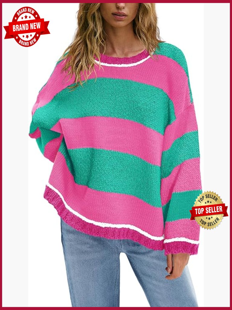 Oversized Colorblock Striped Chunky Cable Knit Crewneck Pullover Sweater